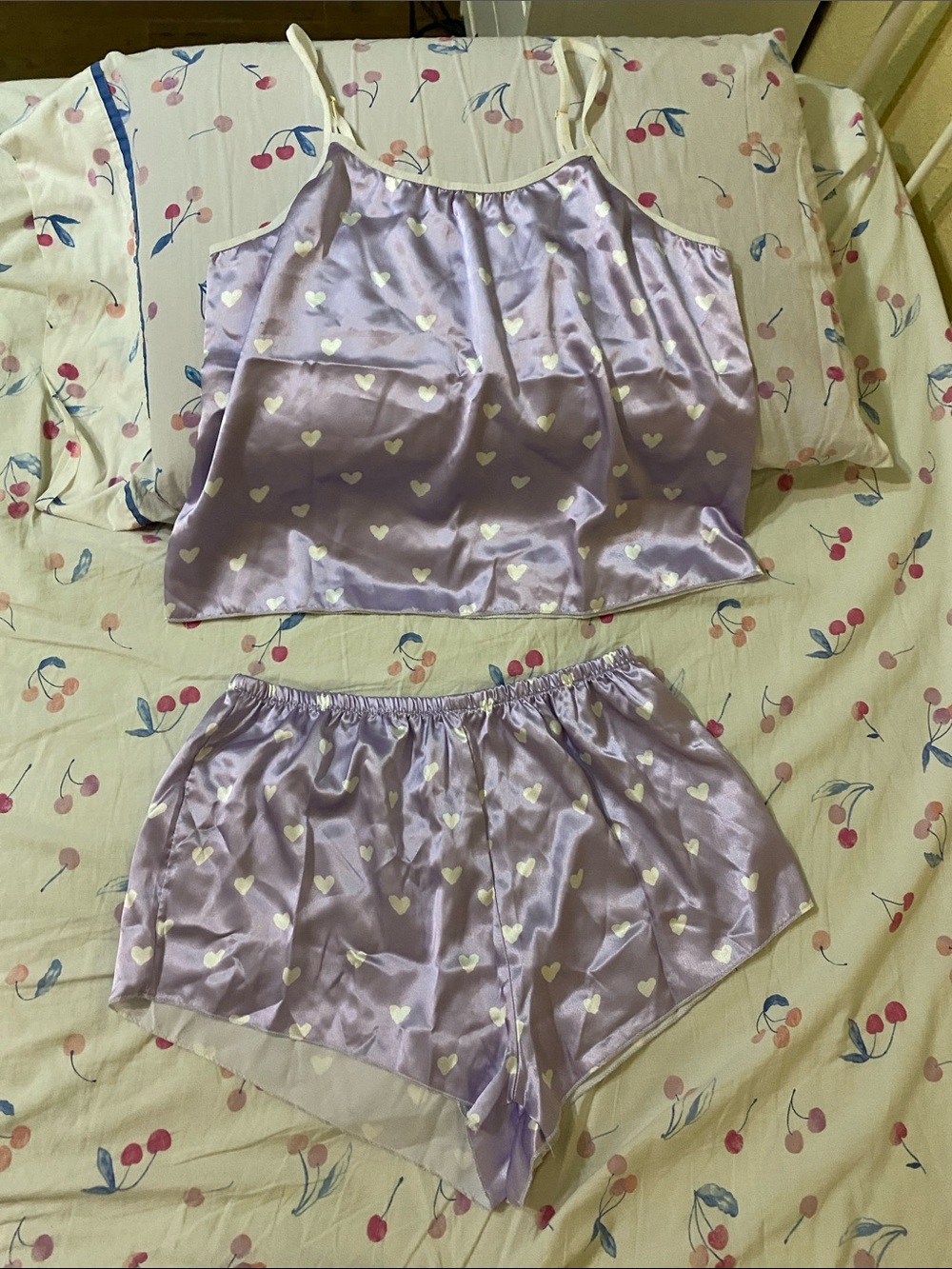 Lilac Satin Heart-Print Cami & Shorts Sleep Set - Women